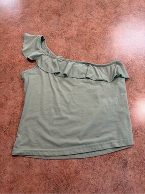 SHEIN Sage Green One-Shoulder Ruffle Tank Top